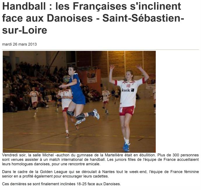 Equipe de France junior, match à Saint Sébastien sur Loire : les Françaises s’inclinent face aux Danoises